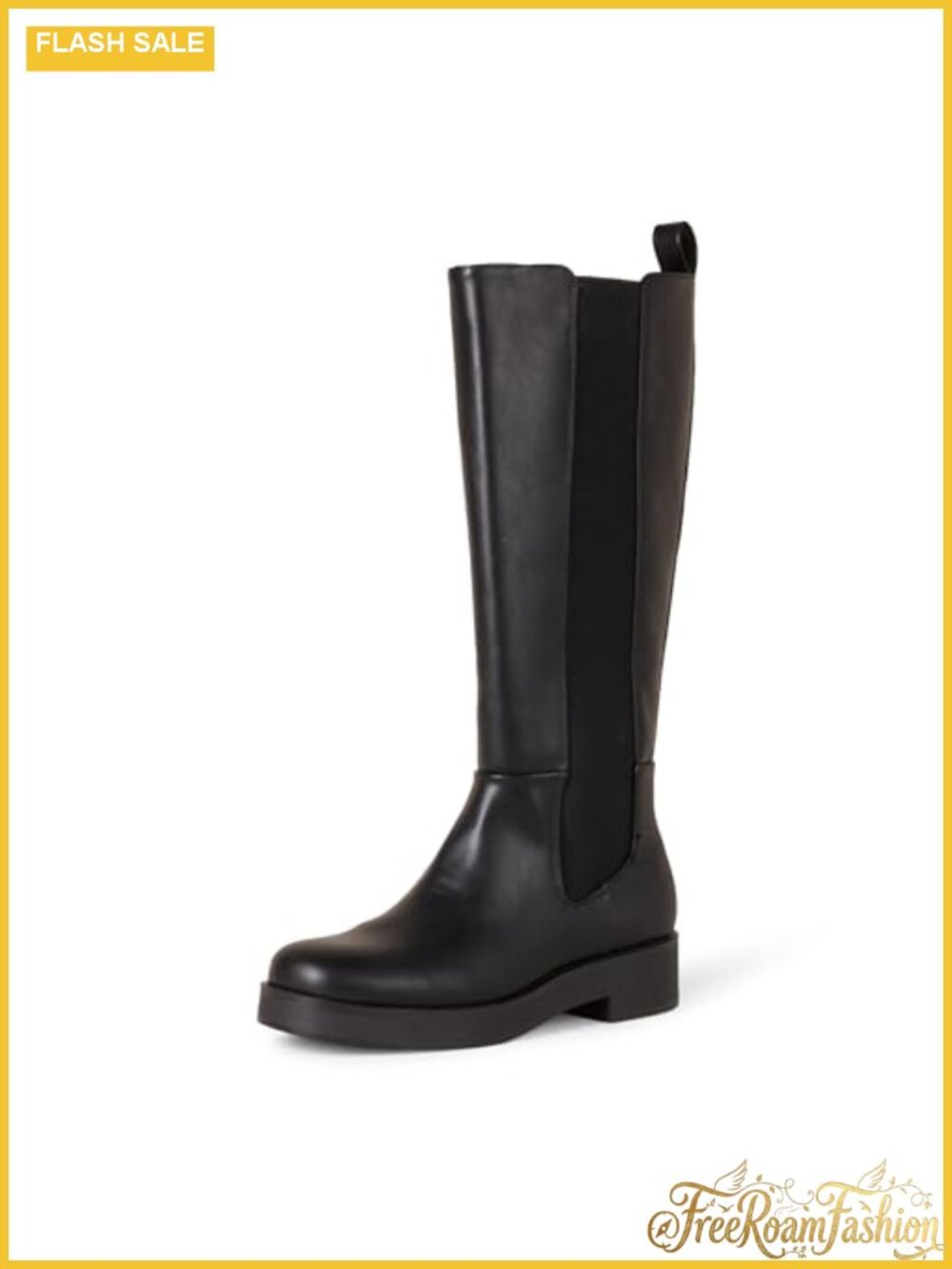 Tall Gusset Boot Square Toe Chunky Heel Faux Leather Knee High
